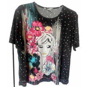 Retro  Blouse Flower Girl Art To Wear Black Top Flowers Sz 1X  Artsy Mod Indie